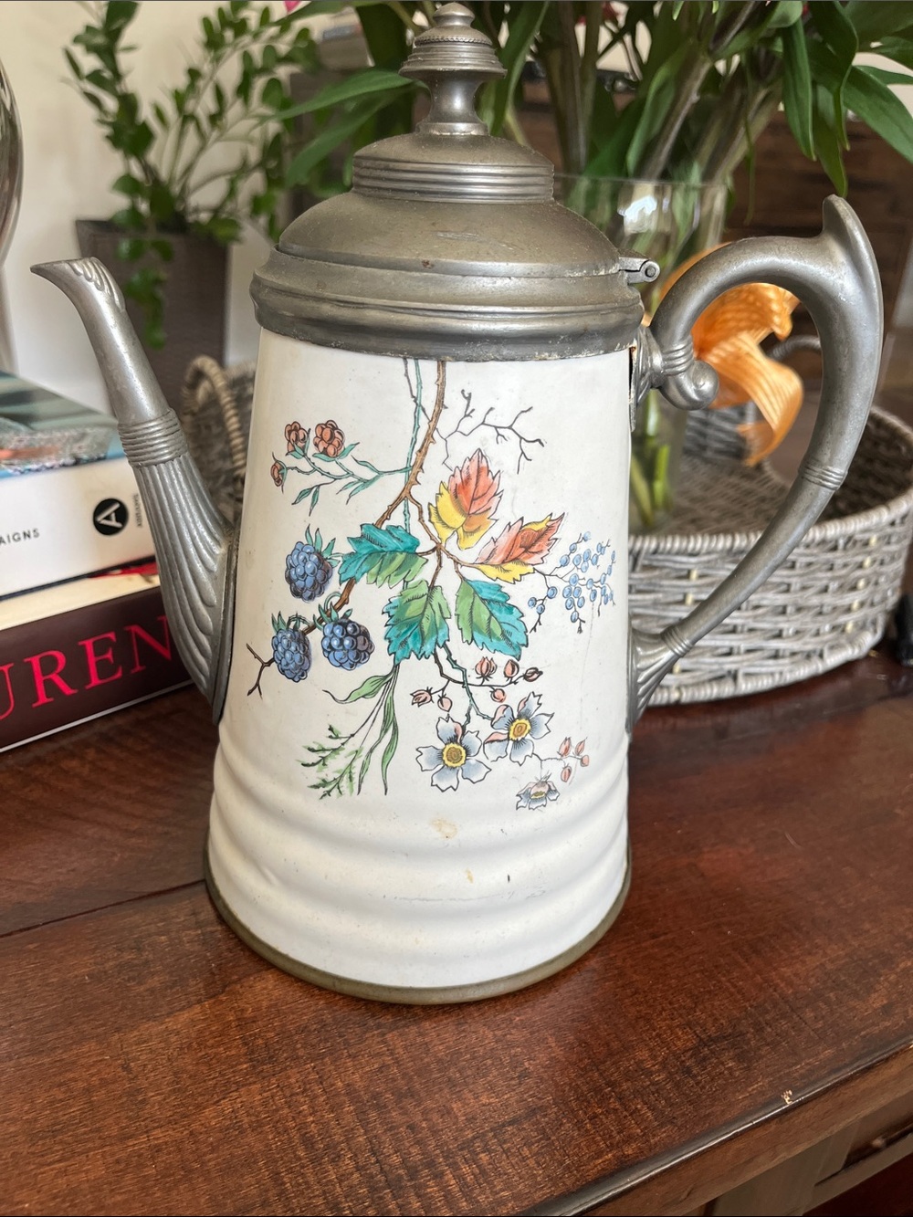 Antique White Ceramic Floral Coffee Pot with Pewter-Tone Accents